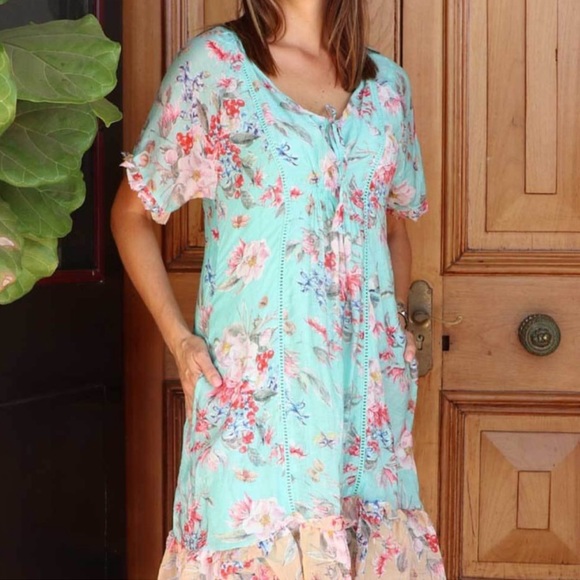 LULA SOUL Oasis Aqua Turquoise Floral Kaftan Dress - Picture 9 of 10